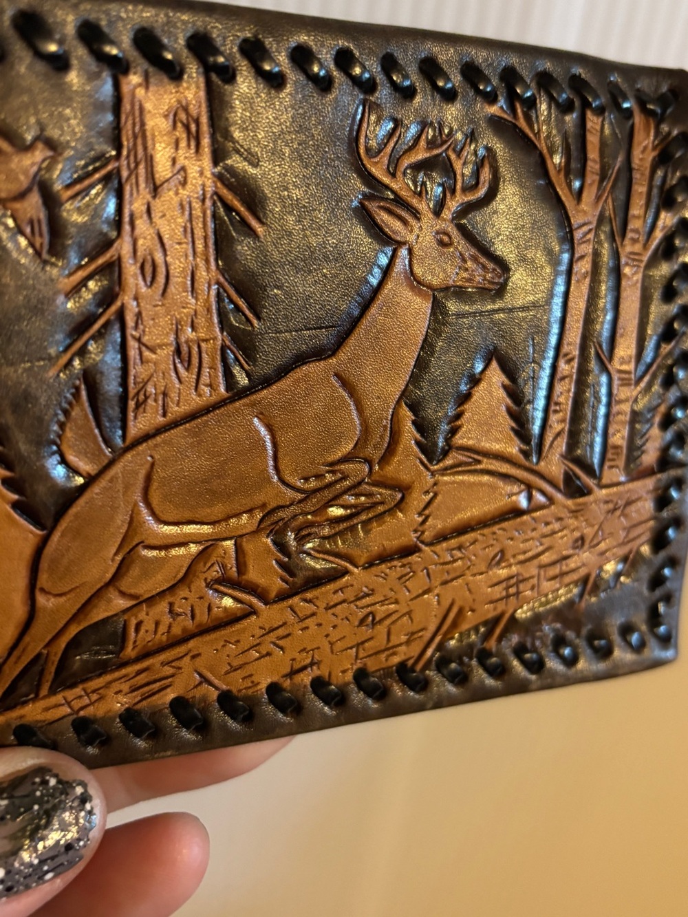 Hand-Tooled Leather Wallet with Deer Forest Scene - Brown